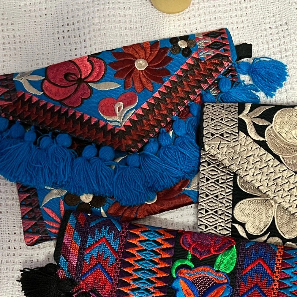 Floral Embroidered Clutch/Crossbody with Blue Tassels